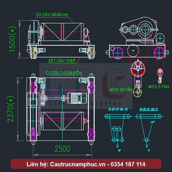 Cấu tạo xe con cầu trục 30-5 tấn